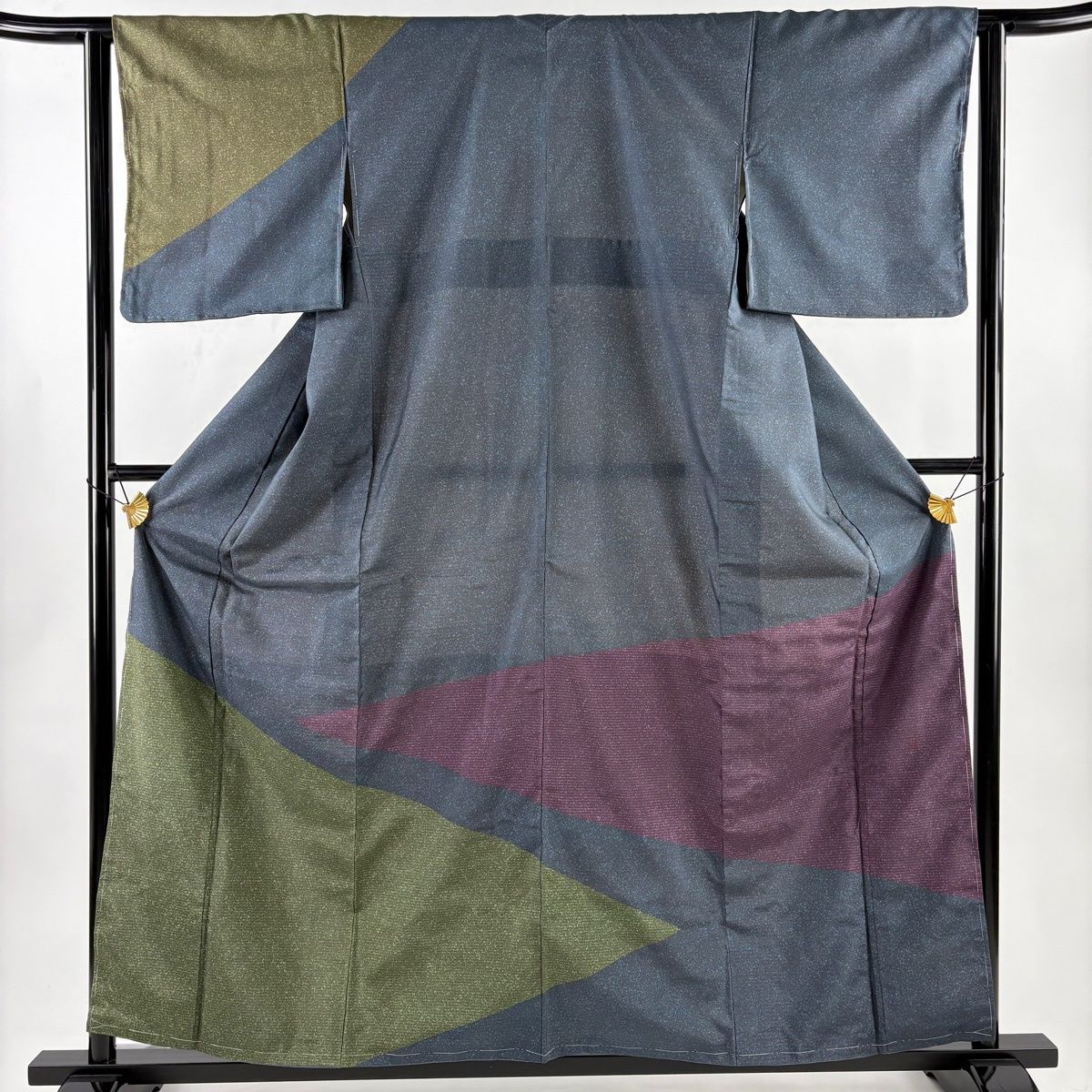 訪問着 身丈159 5 cm 裄丈62 S 袷 紬地 落款 幾何学模様 縞 深緑 正絹
