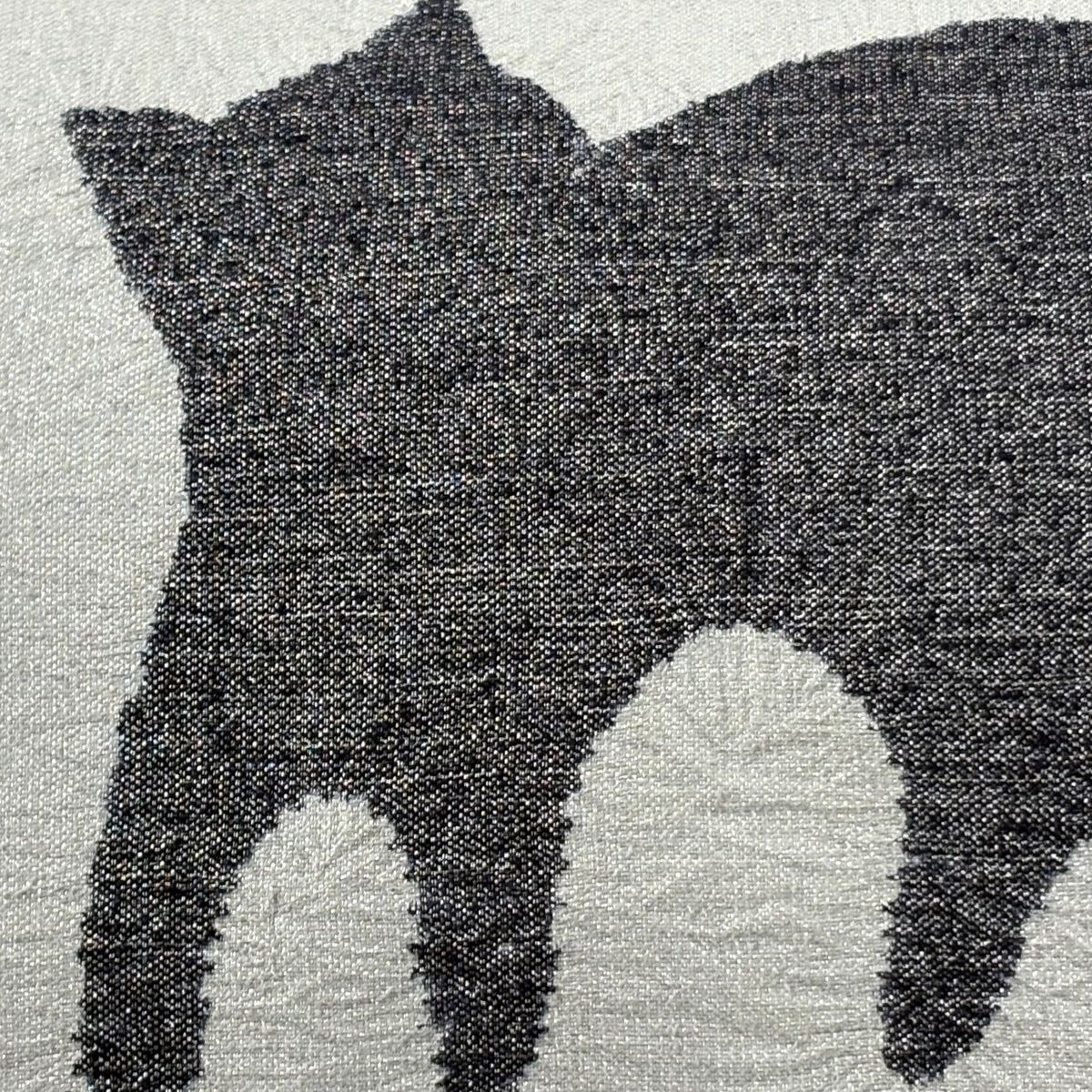 名古屋帯 落款 黒猫 銀糸 絞り 灰色 正絹