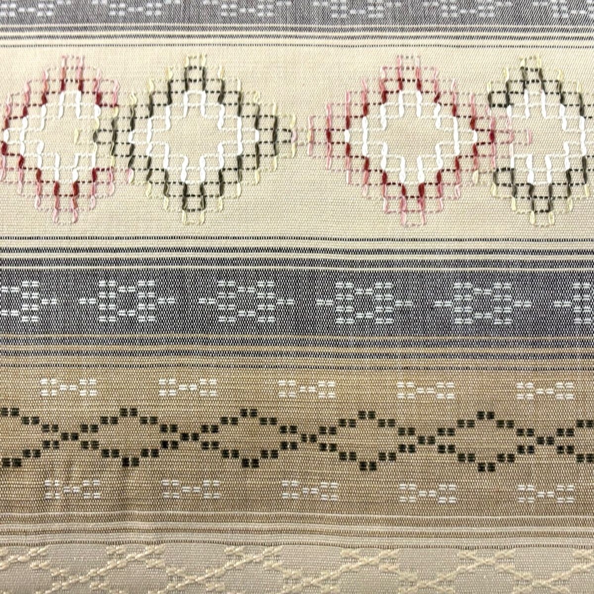 名古屋帯 八寸名古屋帯 松葉仕立て 菱 縞 薄茶色 正絹