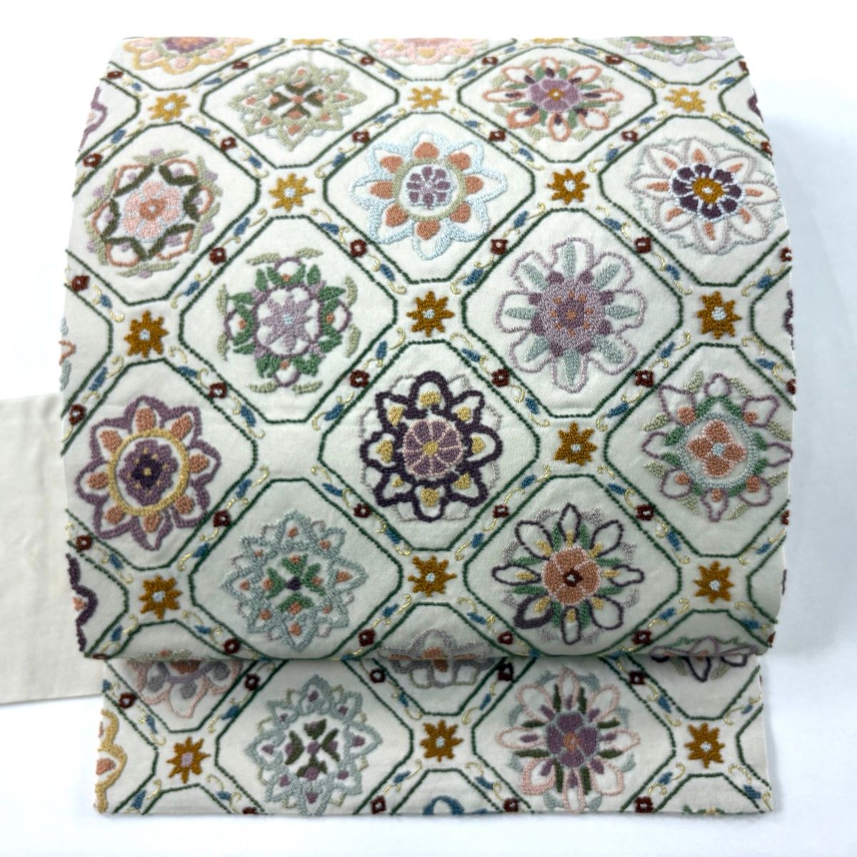 名古屋帯 逸品 蜀江華文 華文 相良刺繍 金糸 灰緑 正絹 【中古