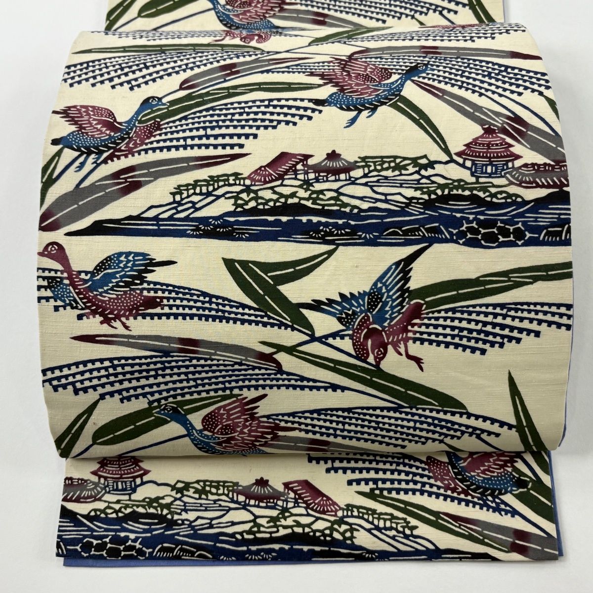 開き名古屋帯 落款 紬地 金城昌太郎 金城びんがた工房 鳥 葉 クリーム 正絹