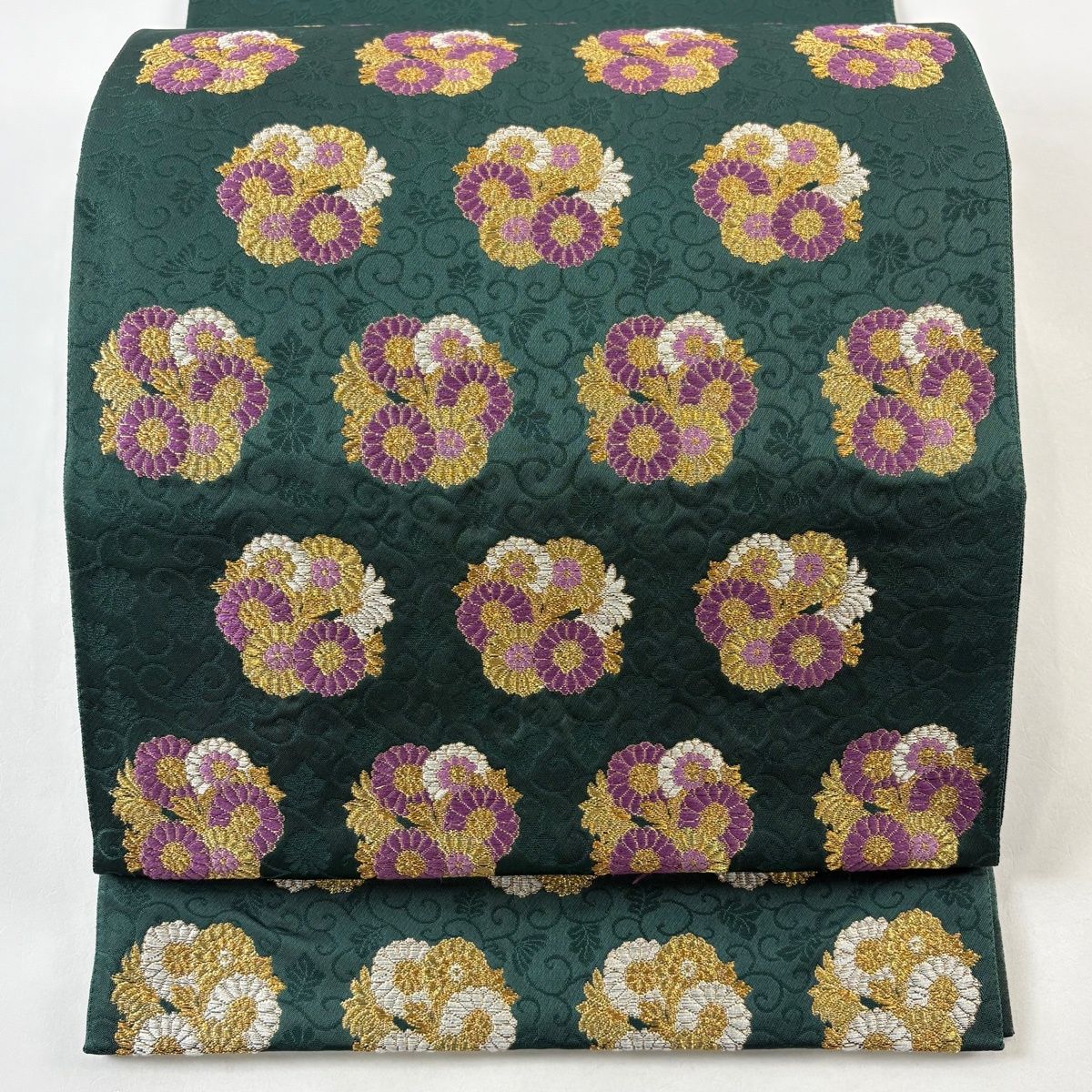 袋帯 逸品 帝王紫 落款 おけぼの繭 菊 地紋 金銀糸 箔 深緑 お太鼓柄