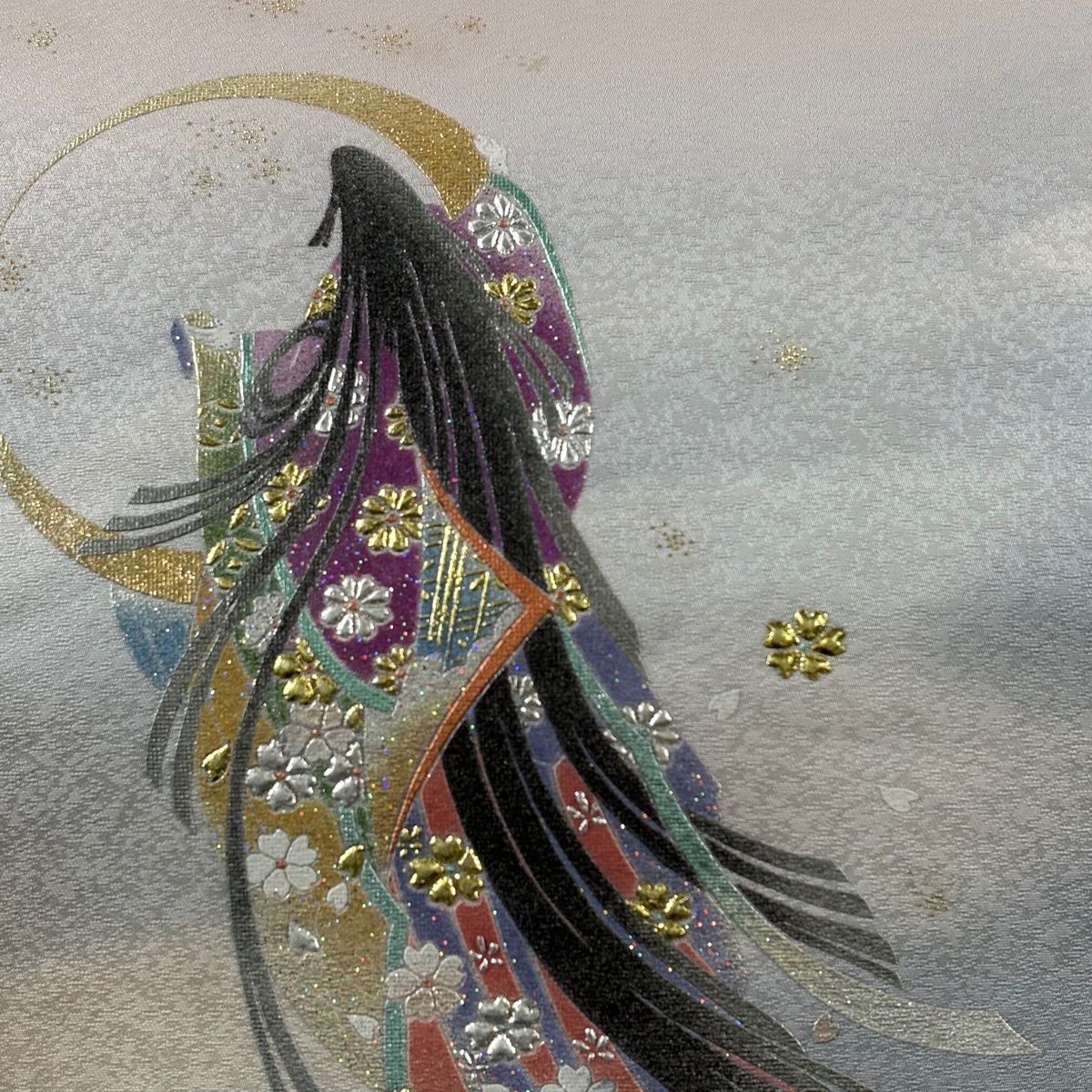 美品】 袋帯 逸品 和田光正 落款 姫 月 銀通し 金銀彩 青灰色 お太鼓柄