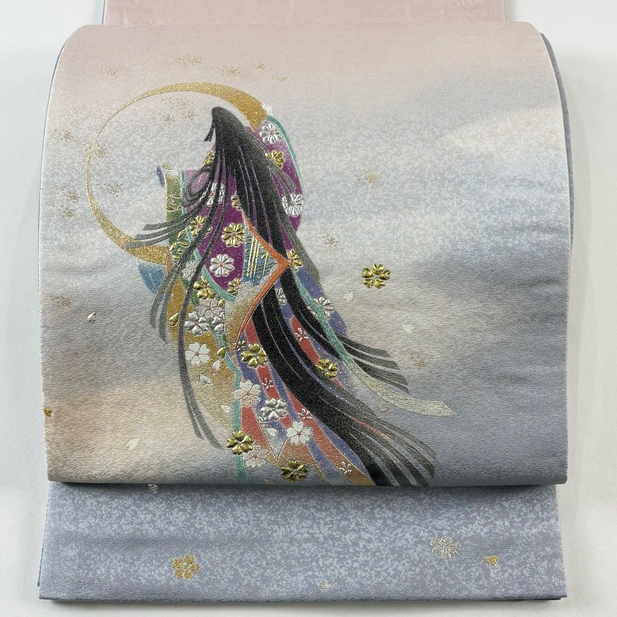 美品】 袋帯 逸品 和田光正 落款 姫 月 銀通し 金銀彩 青灰色 お太鼓柄