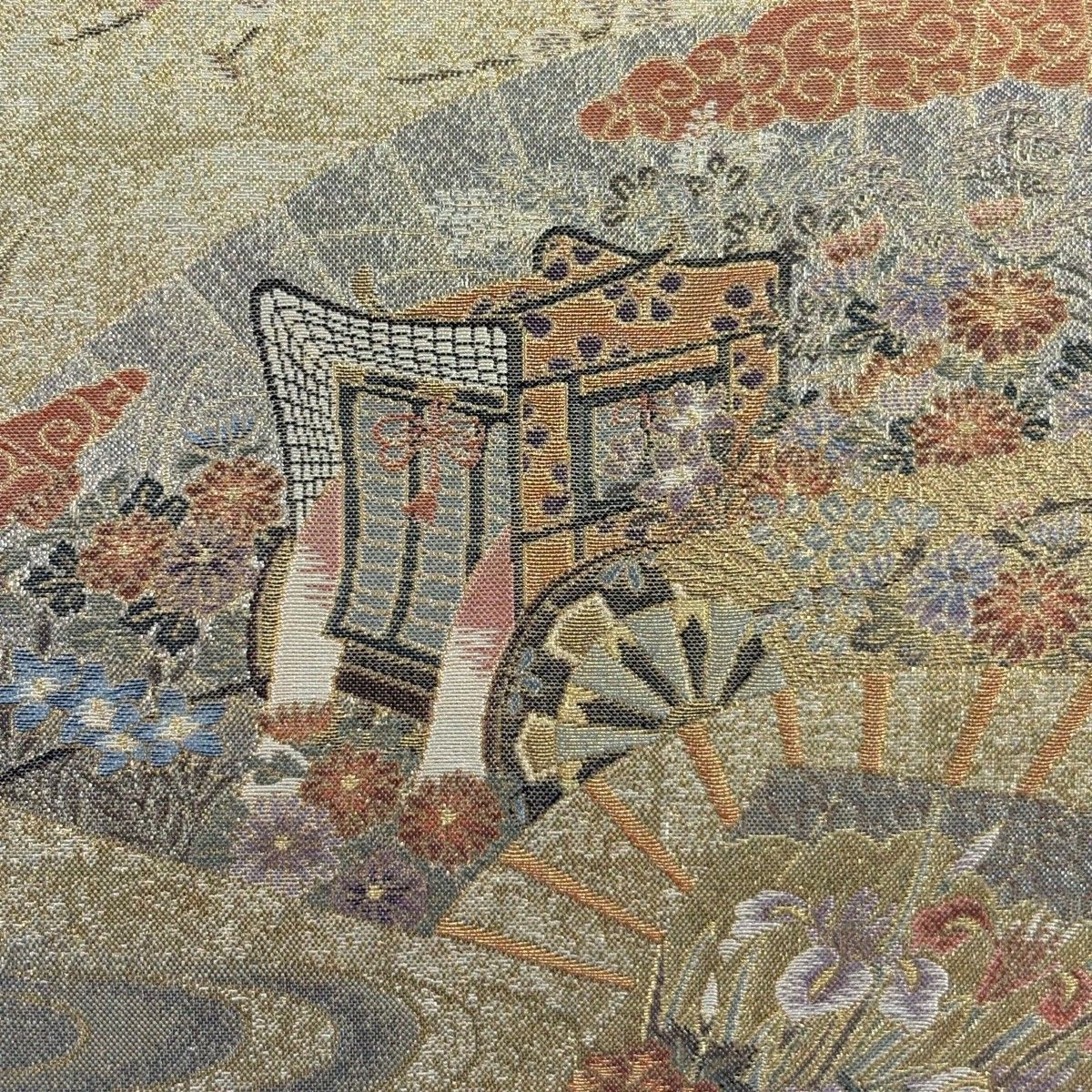 丸帯 名品 桃山扇面屏風文 花鳥 金糸 箔 金色 お太鼓柄 正絹