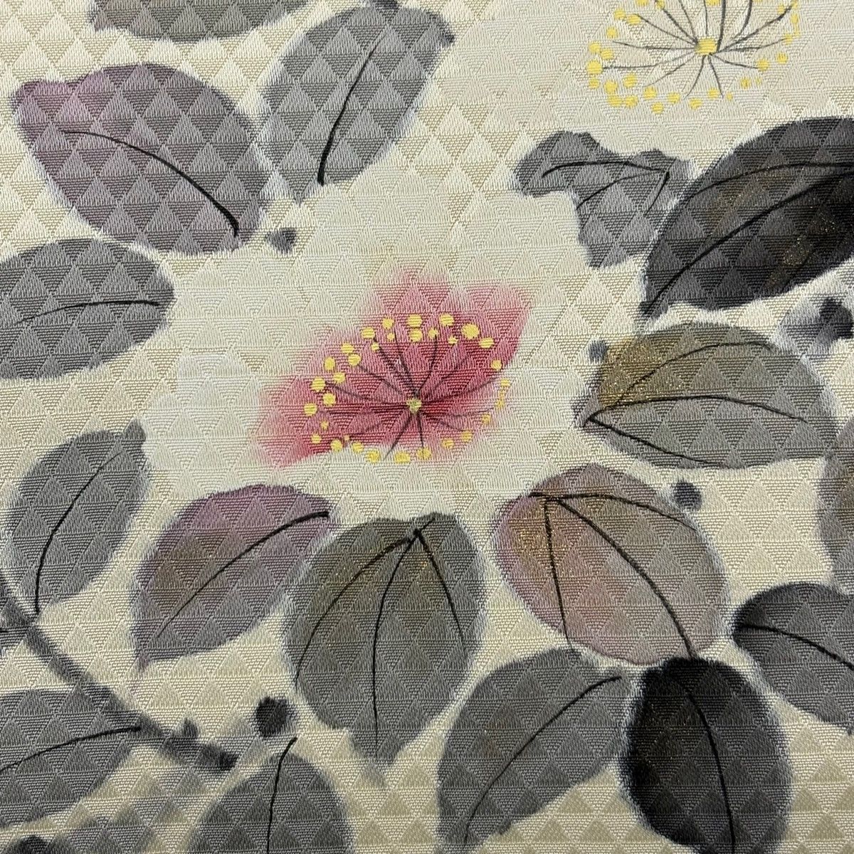 名古屋帯 落款 枝花 金彩 クリーム 正絹