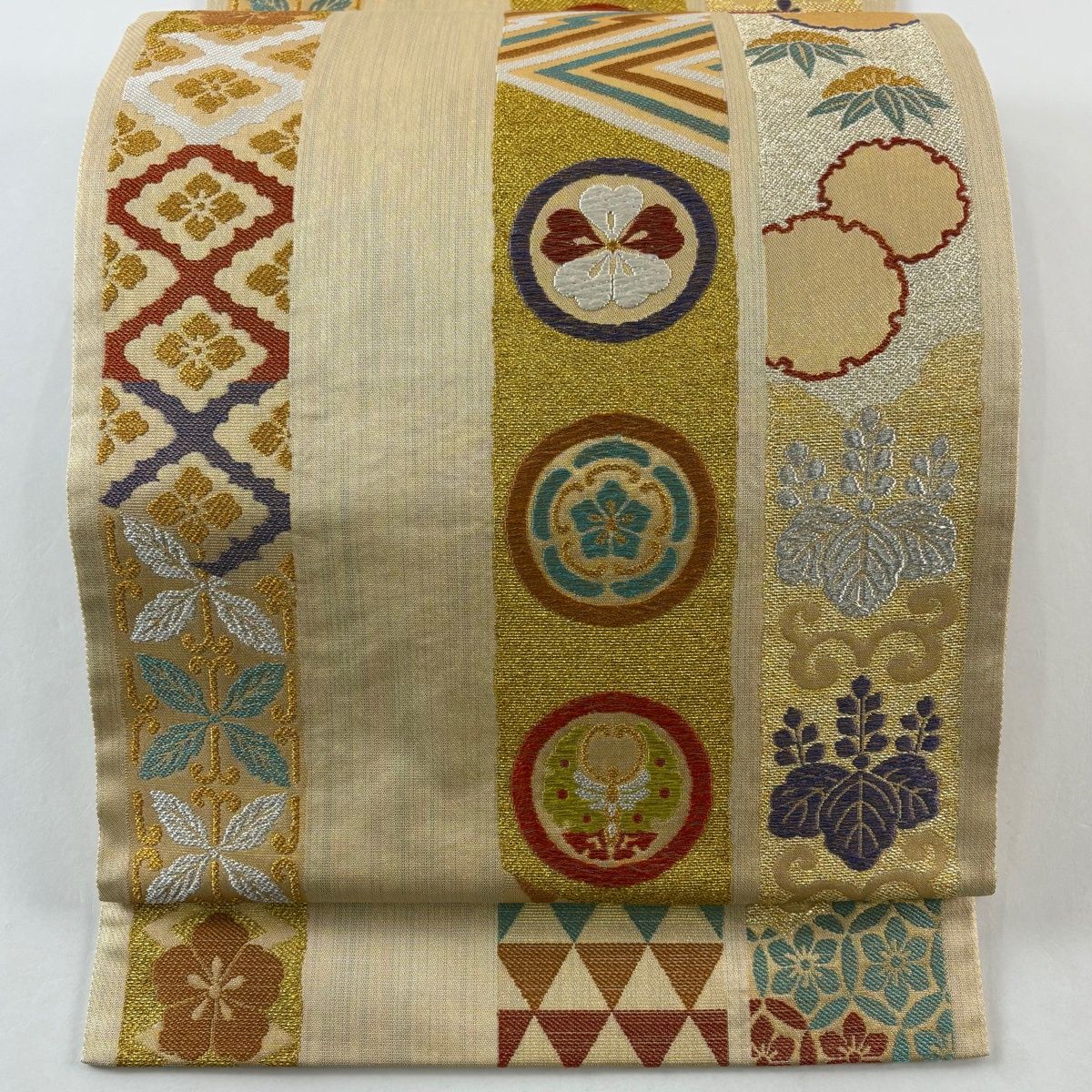 袋帯 逸品 誉田屋源兵衛 落款 桜 花菱 金銀糸 箔 薄茶色 六通 正絹