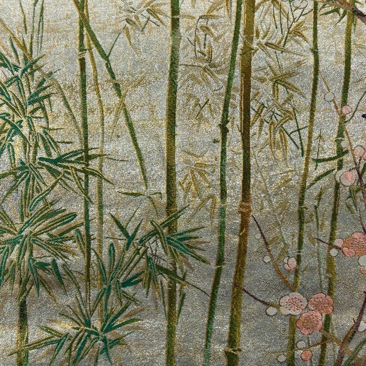 丸帯 本金プラチナ千八百口織 雨竹風竹図屏風 雪松図屏風 金糸 箔 銀色 お太鼓柄 正絹