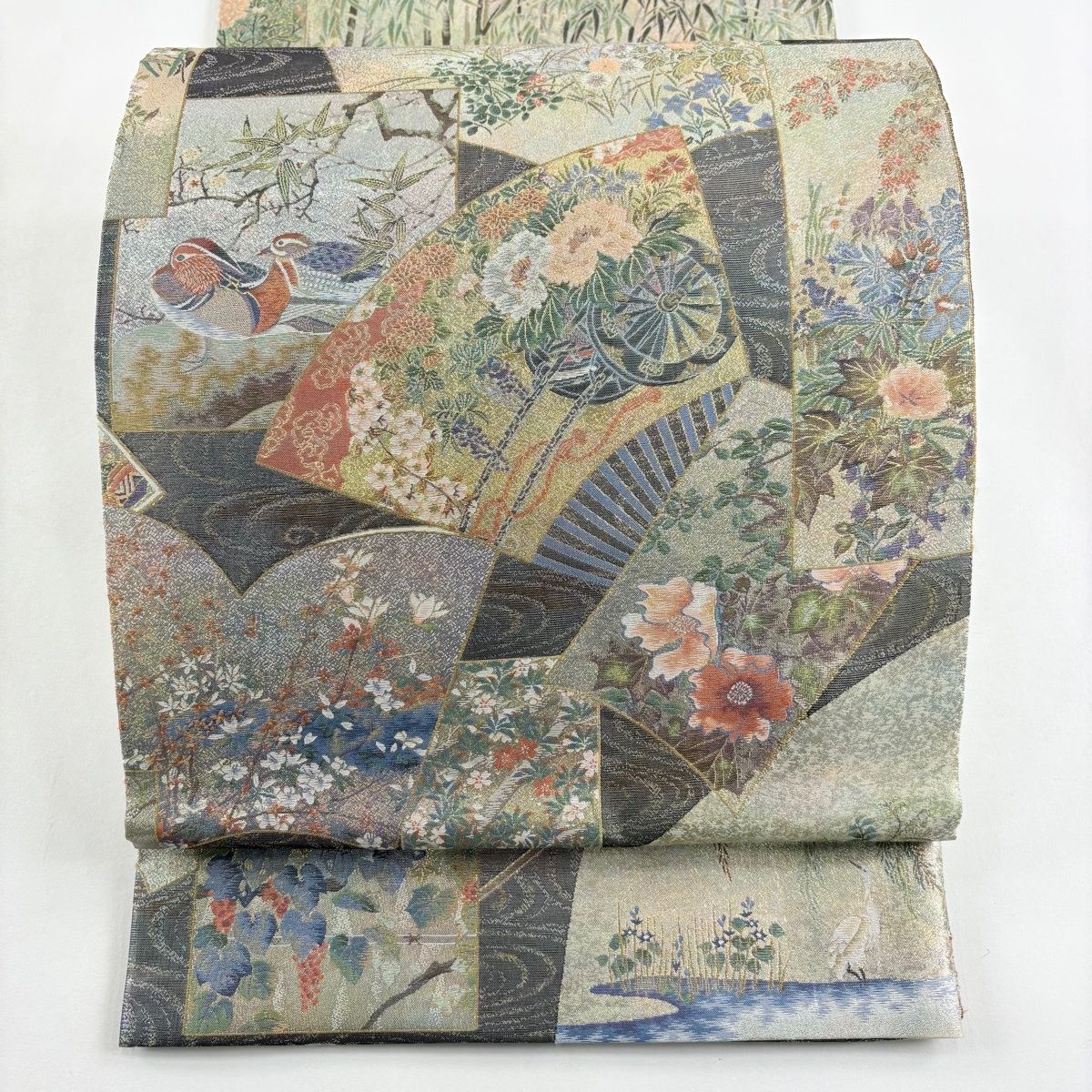 丸帯 日本絵画全集 分析通知書付 扇 色紙 金糸 箔 金色 全通 正絹