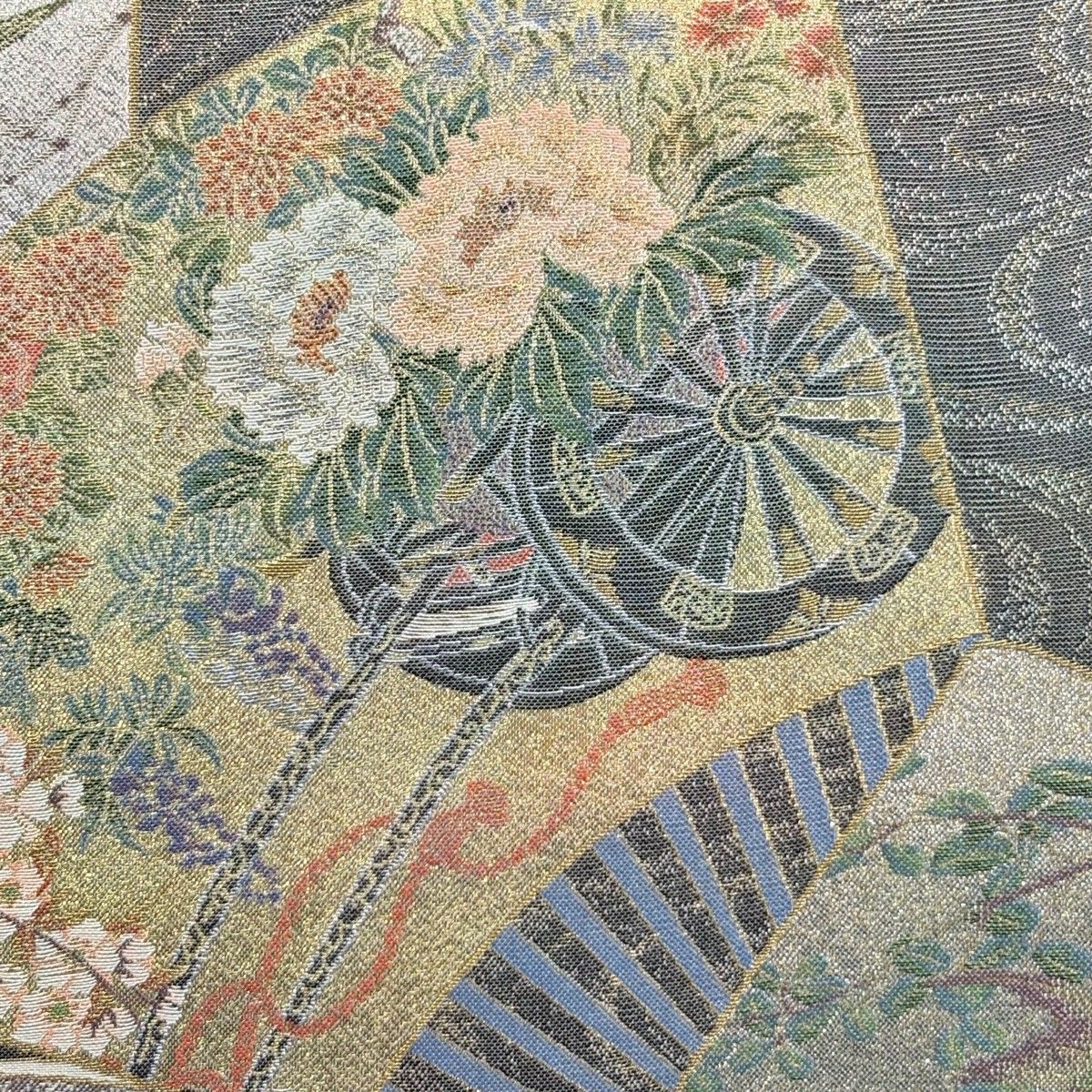 丸帯 名品 日本絵画全集 分析通知書付 扇 色紙 金糸 箔 金色 全通 正絹