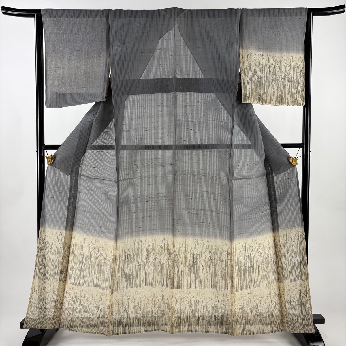 付下げ 身丈163.5 cm 裄丈63.5 S 薄物 夏紬地 縦縞 樹木 灰色 正絹