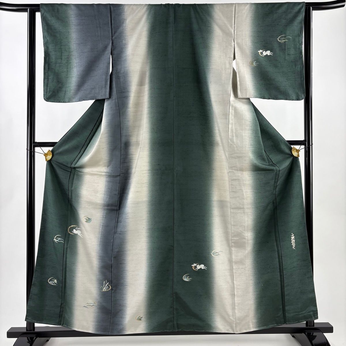 付下げ 身丈159 5 cm 裄丈63 S 袷 紬地 うさぎ 波頭 金彩 刺繍 緑 正絹
