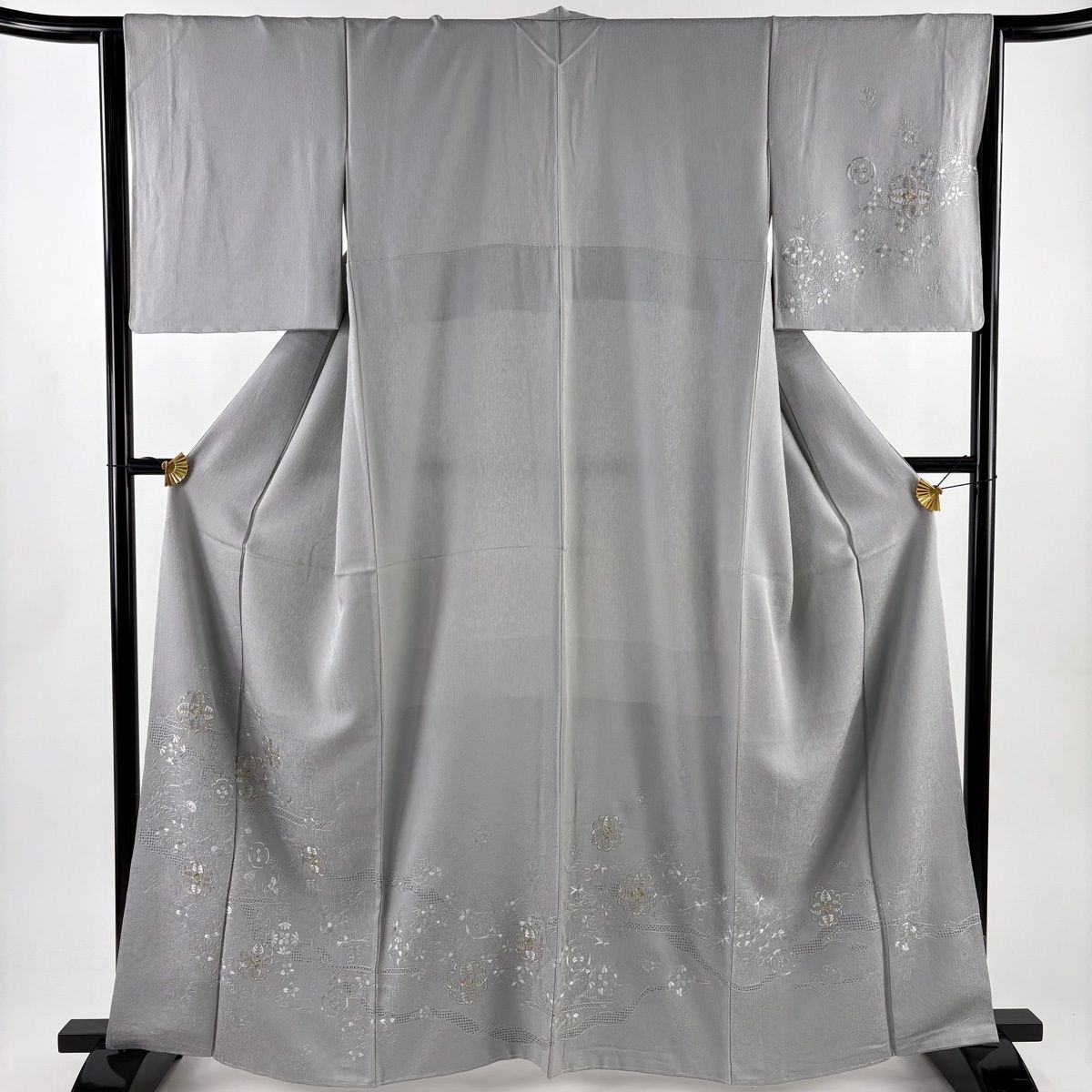 訪問着 身丈163.5 cm 裄丈64.5 M 袷 華文 橘 刺繍 金糸 灰色 正絹