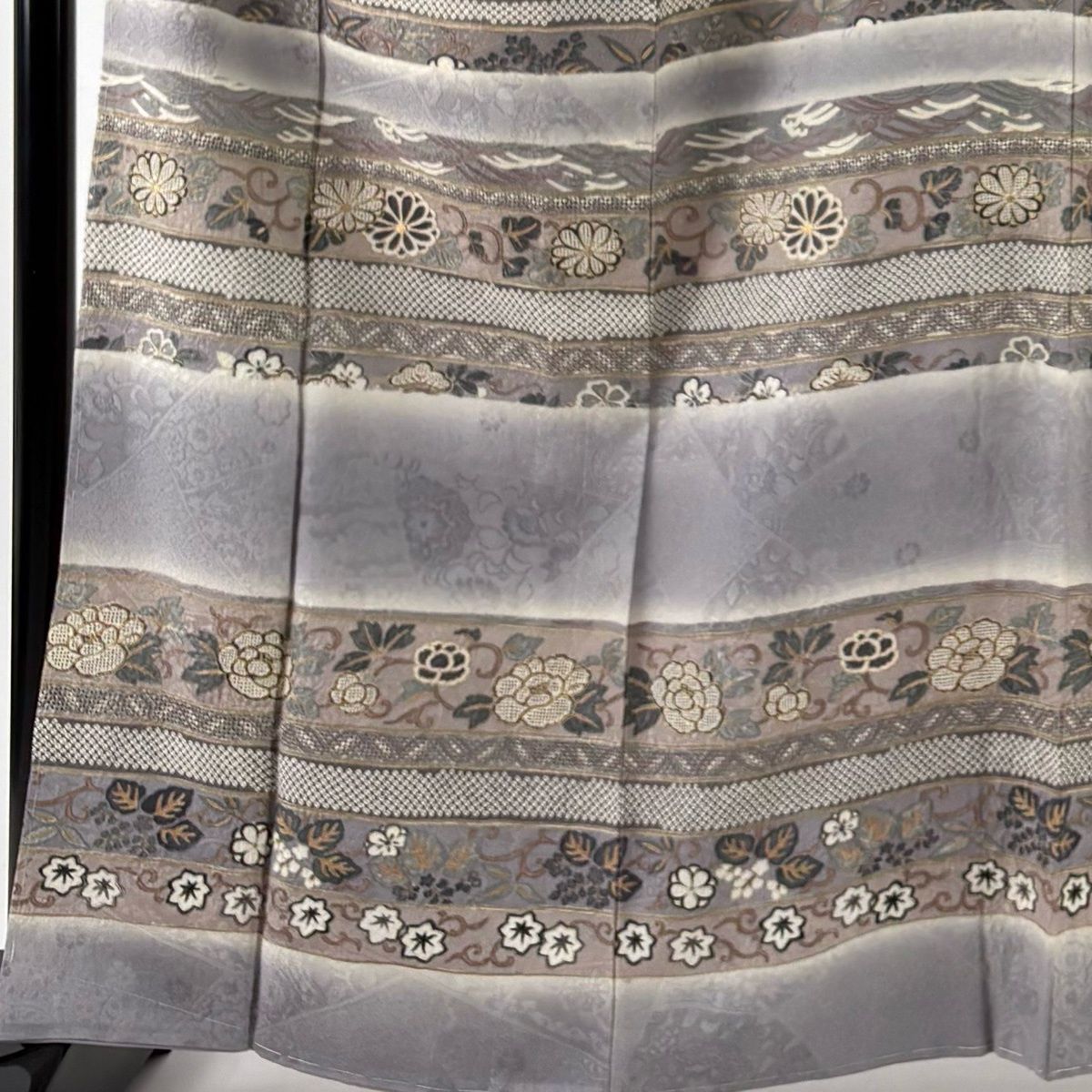 訪問着 身丈164.5 cm 裄丈63 L 袷 花唐草 段縞 刺繍 金糸 灰紫 正絹