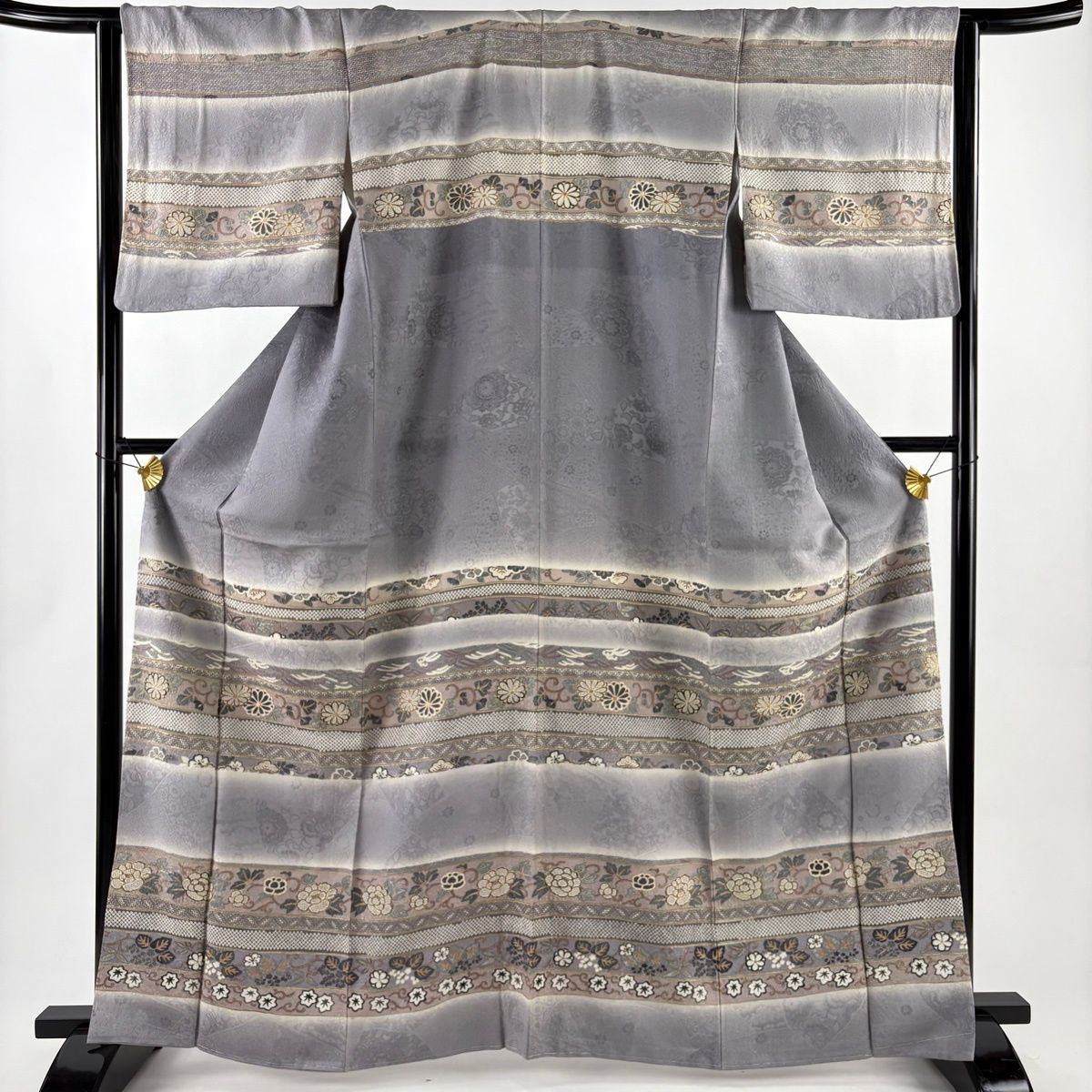 訪問着 身丈164.5 cm 裄丈63 L 袷 花唐草 段縞 刺繍 金糸 灰紫 正絹