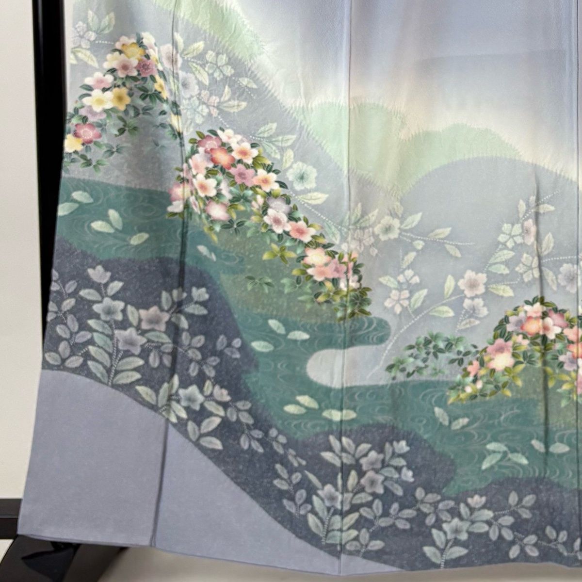 訪問着 身丈163 cm 裄丈67.5 L 袷 草花 流水 絞り ぼかし 青灰色 正絹 名品
