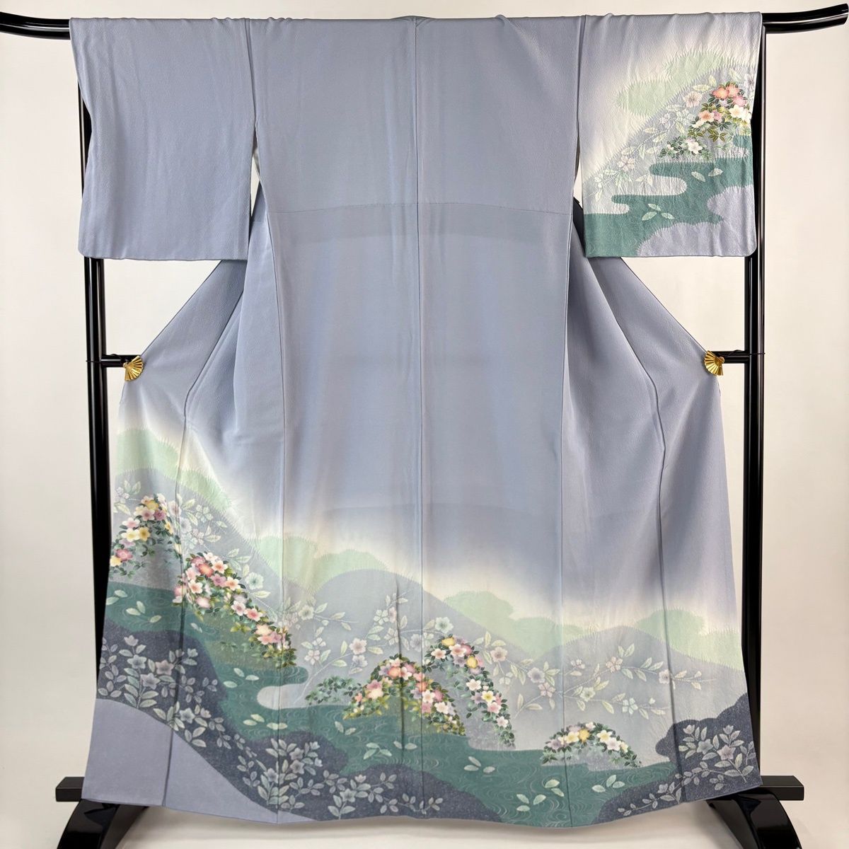 訪問着 身丈163cm 裄丈67.5cm L 袷 草花 流水 絞り ぼかし 青灰色 正絹 名品 【】