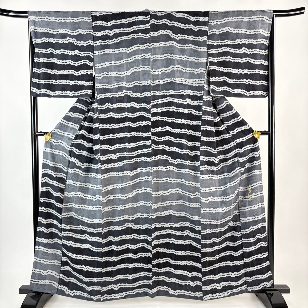小紋 身丈160.5 cm 裄丈66.5 M 袷 大久保玄才 落款 よろけ縞 地紋 黒灰 正絹