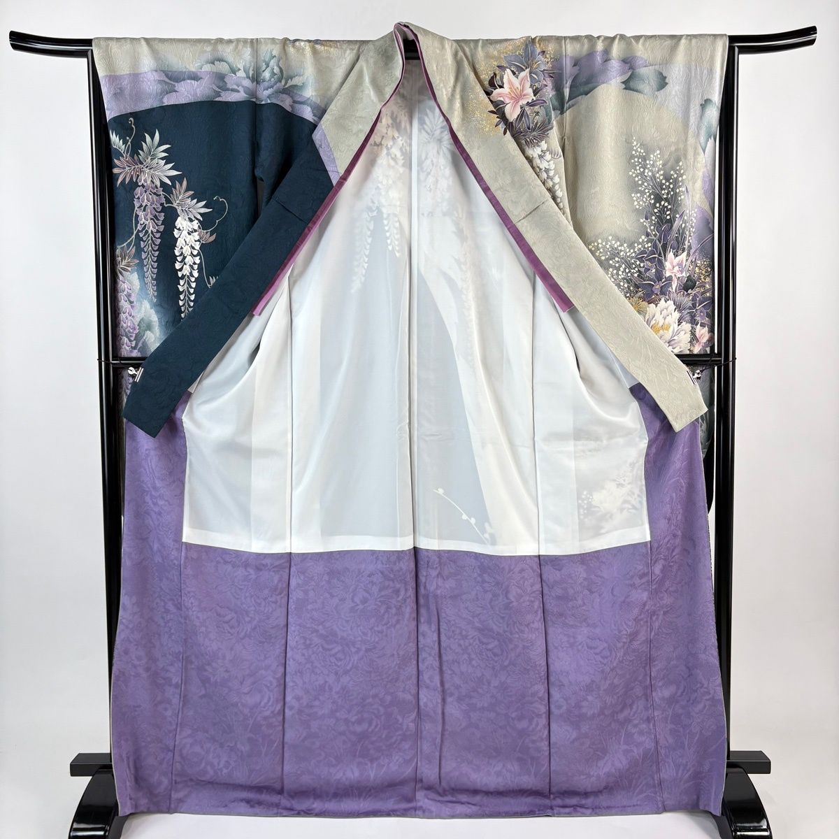  振袖 身丈170.5 cm 裄丈66 M 袷 華徒然 牡丹 枝花 刺繍 箔 灰緑 正絹 振袖 着物