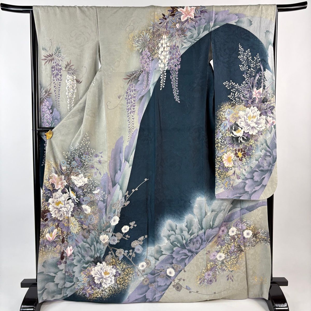 振袖 身丈170 5 cm 裄丈66 M 袷 華徒然 牡丹 枝花 刺繍 箔 灰緑 正絹