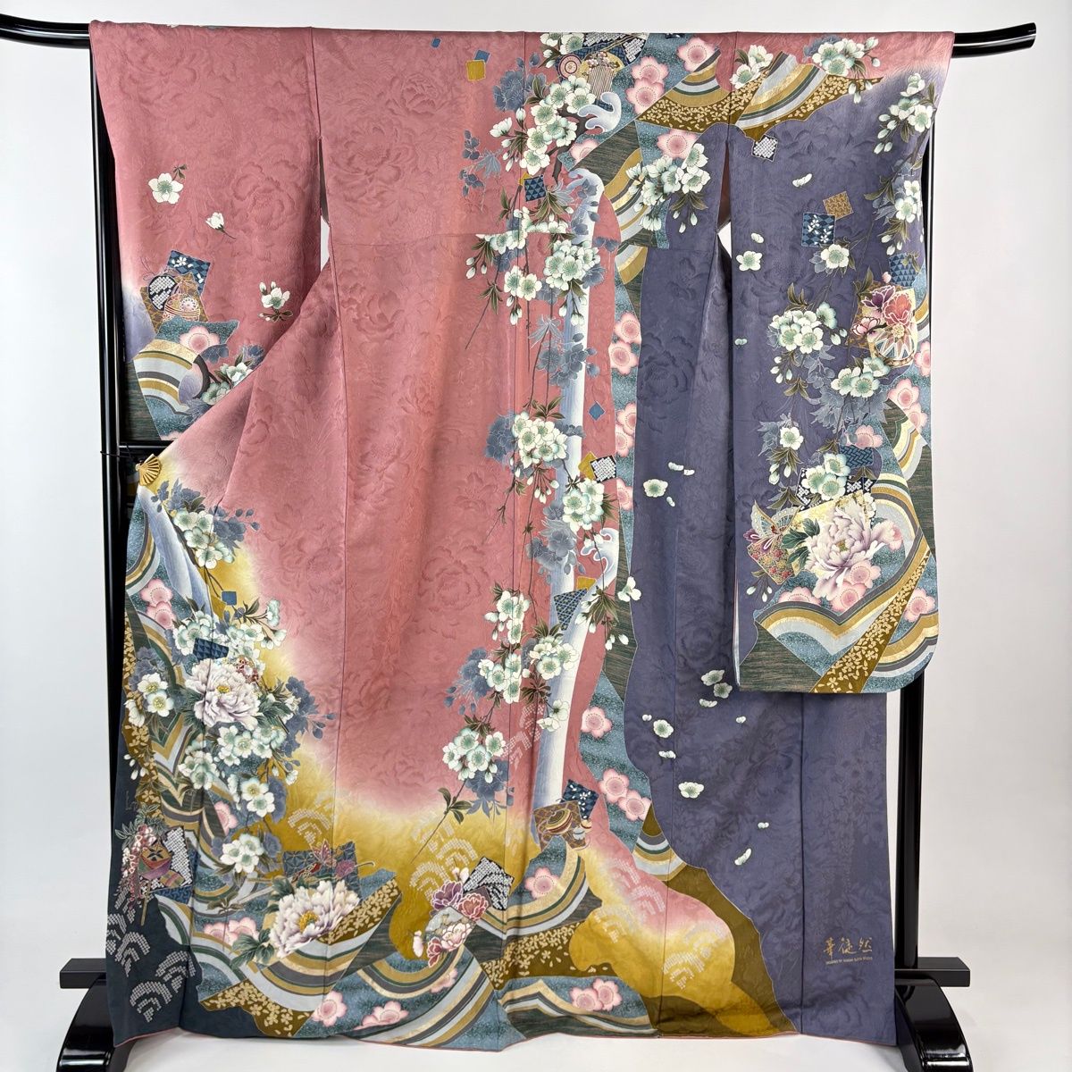 振袖 身丈169.5 cm 裄丈68 L 袷 華徒然 破れ色紙 牡丹 箔 刺繍 ピンク 正絹 名品
