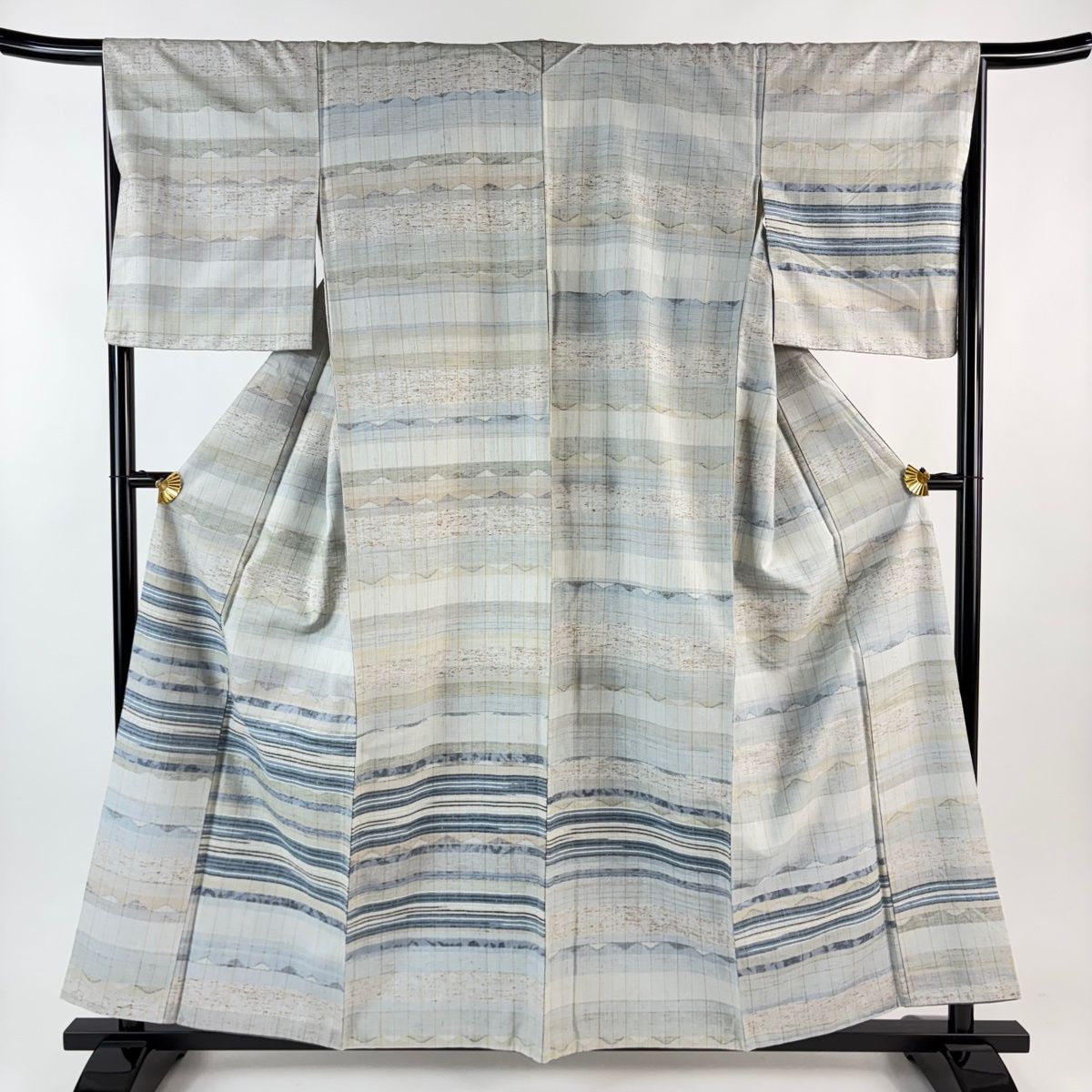 付下げ 身丈158 cm 裄丈66.5 M 袷 紬地 縞 よろけ縞 灰緑 正絹