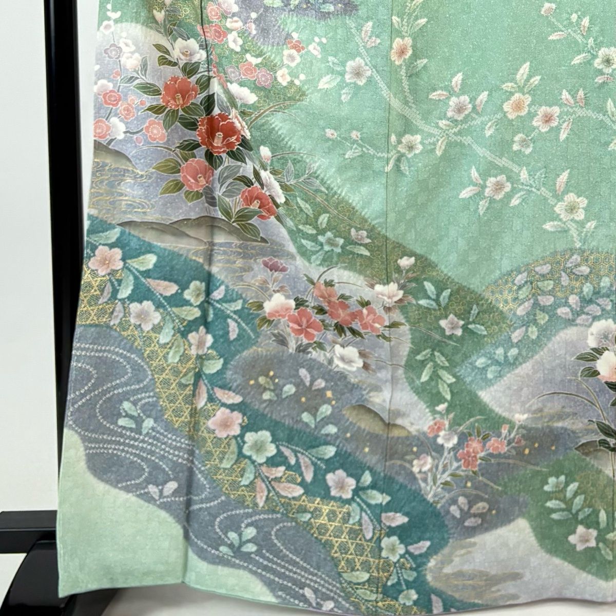 訪問着 身丈167 cm 裄丈66 M 袷 椿 流水 金銀彩 ぼかし 薄緑 正絹 名品
