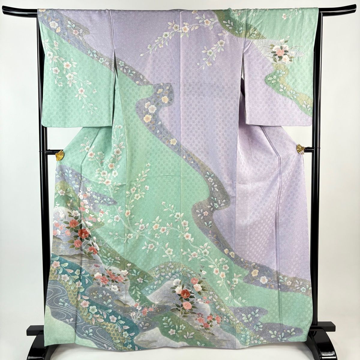 訪問着 身丈167 cm 裄丈66 M 袷 椿 流水 金銀彩 ぼかし 薄緑 正絹 名品