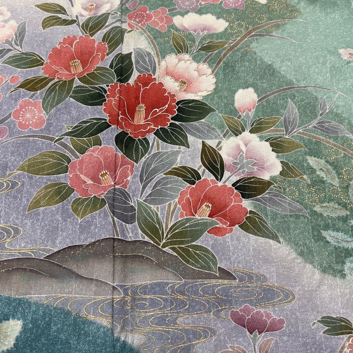  訪問着 身丈167 cm 裄丈66 M 袷 椿 流水 金銀彩 ぼかし 薄緑 正絹 名品 訪問着 付け下げ 着物