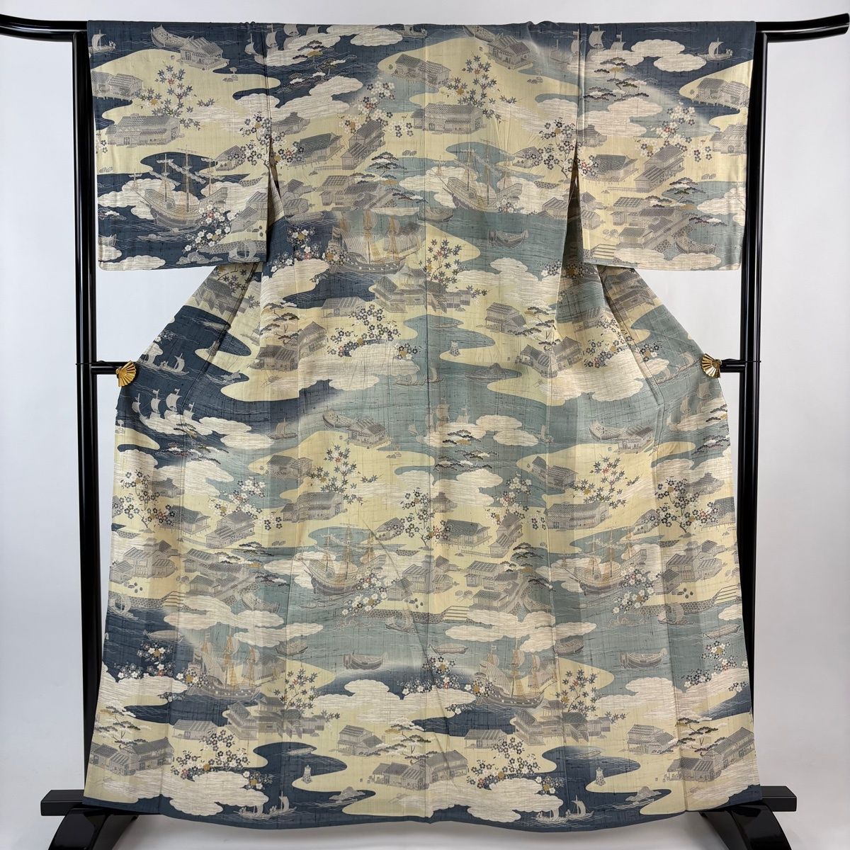訪問着 身丈163 cm 裄丈64 M 単衣 紬地 風景 舟 金彩 ベージュ 正絹 名品