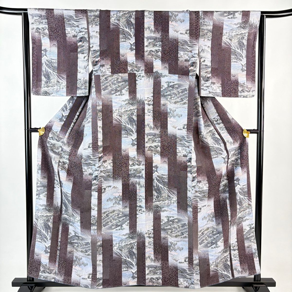 小紋 身丈159 cm 裄丈65 M 袷 風景 波頭 茶紫 正絹