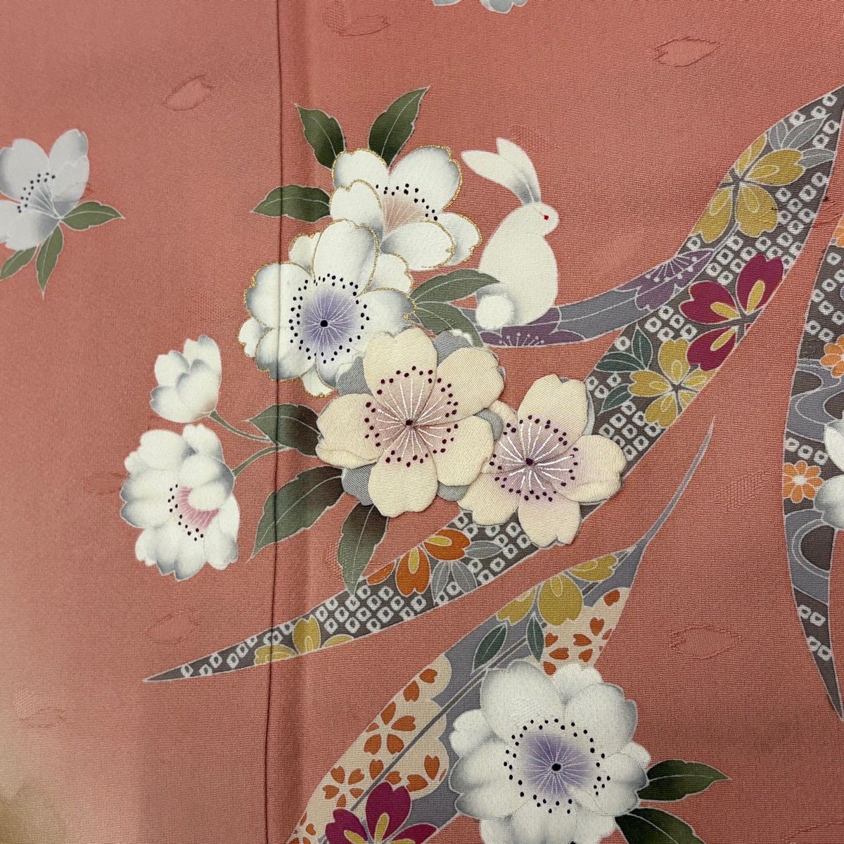 振袖 身丈164cm 裄丈66cm M 袷 桜 うさぎ 金彩 ぼかし ピンク 正絹