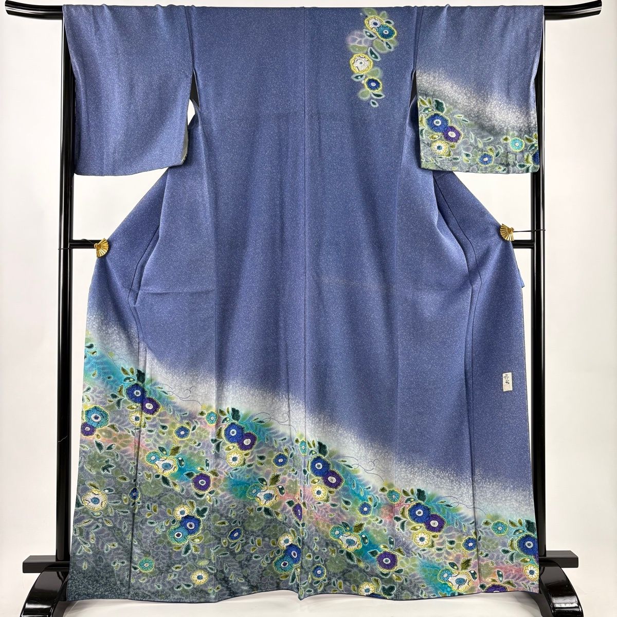 訪問着 身丈167cm 裄丈66.5cm M 袷 落款 辻が花柄 ぼかし 青灰色 正絹