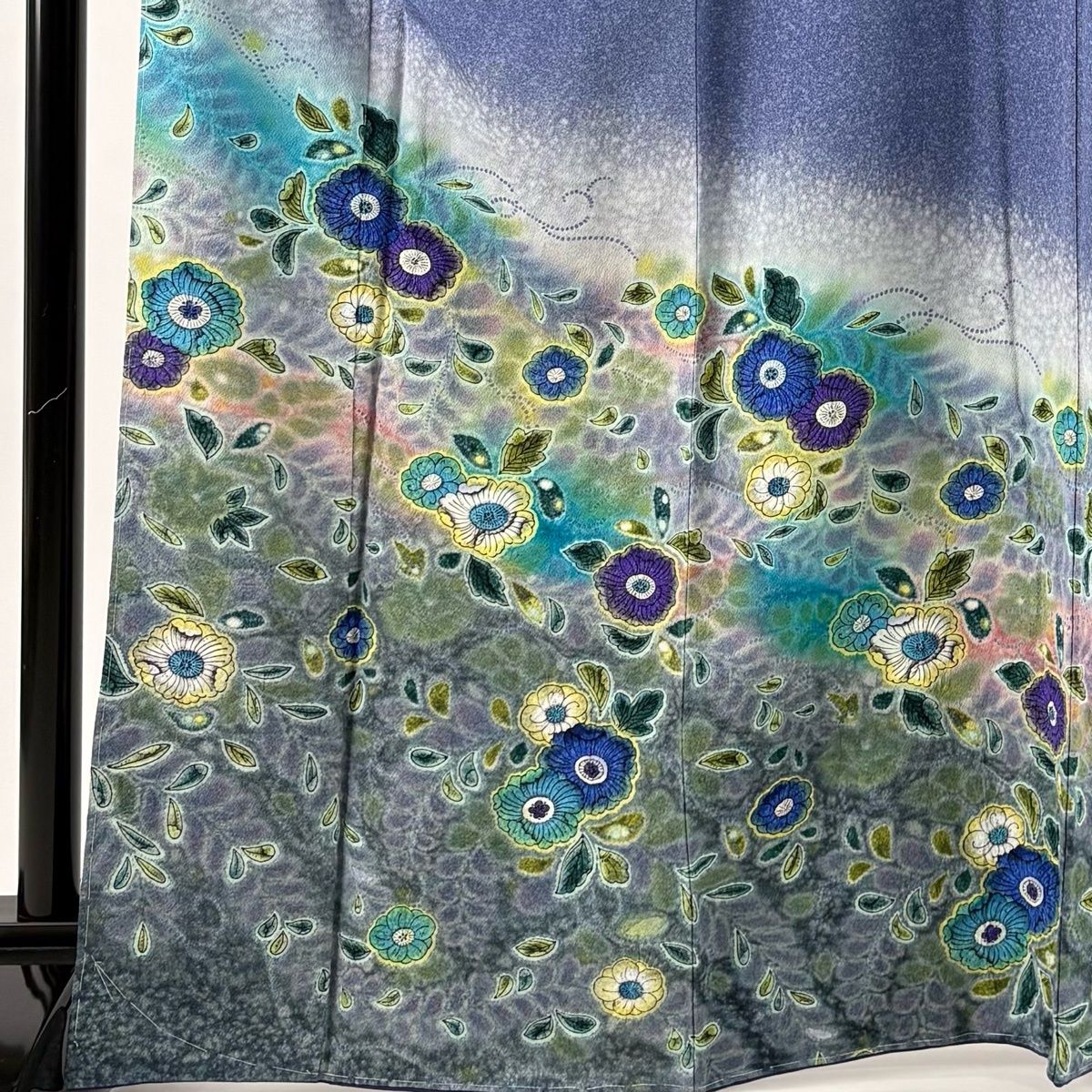 訪問着 身丈167 cm 裄丈66.5 M 袷 落款 辻が花柄 ぼかし 青灰色 正絹