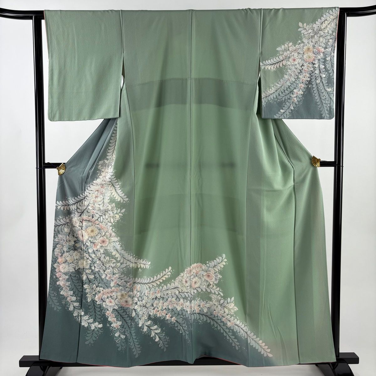 訪問着 身丈158.5 cm 裄丈63.5 S 袷 辻が花 染め分け ぼかし 灰緑 正絹 名品