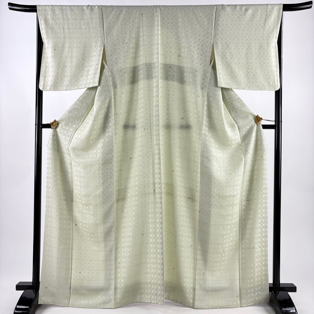 小紋 身丈167 cm 裄丈67.5 L 袷 幾何学模様 地紋 金彩 箔 薄緑 正絹