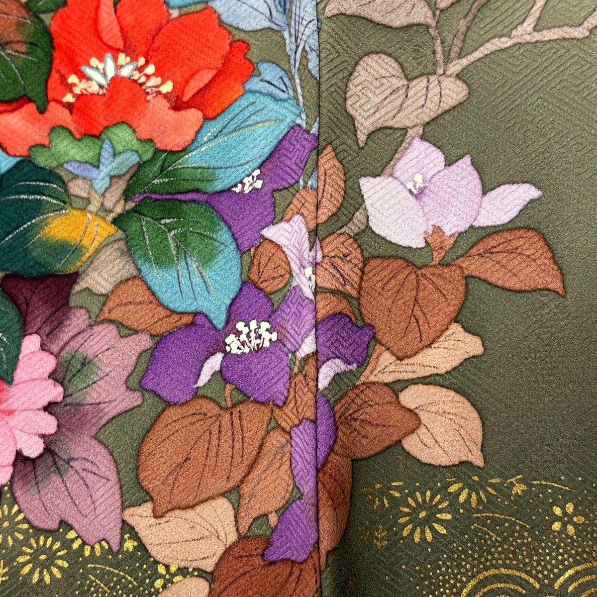  訪問着 身丈171 cm 裄丈67 M 袷 二代目清次郎 落款 草花 青海波 金彩 染め分け ベージュ 正絹 訪問着 付け下げ 着物