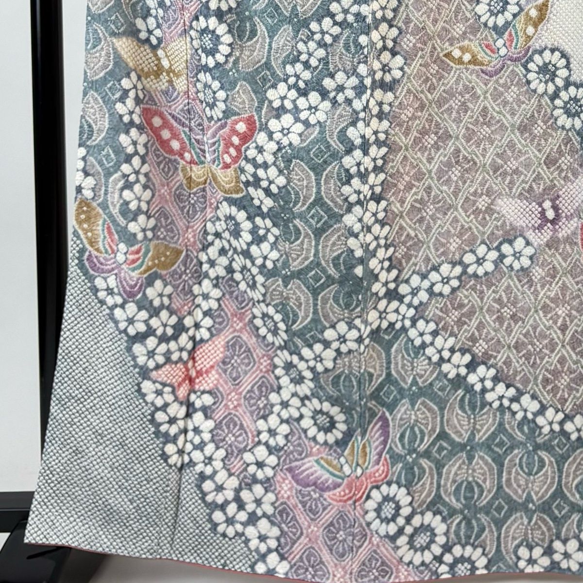 訪問着 身丈166.5 cm 裄丈66.5 M 袷 蝶 草花 絞り クリーム 正絹 名品