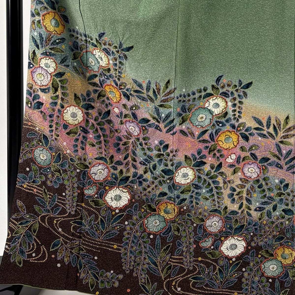 訪問着 身丈166 cm 裄丈67.5 L 袷 落款あり 辻が花 流水 金彩 ぼかし よもぎ色 正絹 名品