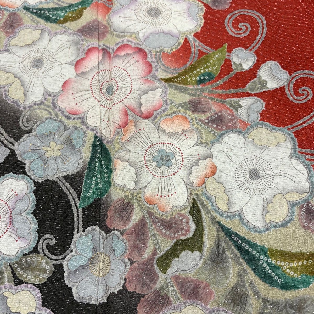  振袖 身丈160 cm 裄丈66.5 M 袷 桜 流水 銀通し 金彩 朱色 正絹 名品 振袖 着物