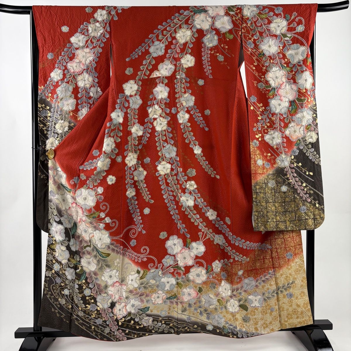 振袖 身丈160 cm 裄丈66.5 M 袷 桜 流水 銀通し 金彩 朱色 正絹