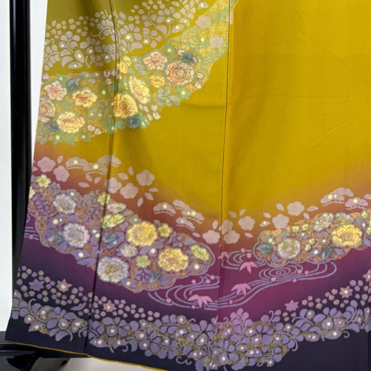 訪問着 身丈161.5 cm 裄丈68.5 L 袷 辻が花柄 流水 金彩 ぼかし 鶯色 正絹 名品