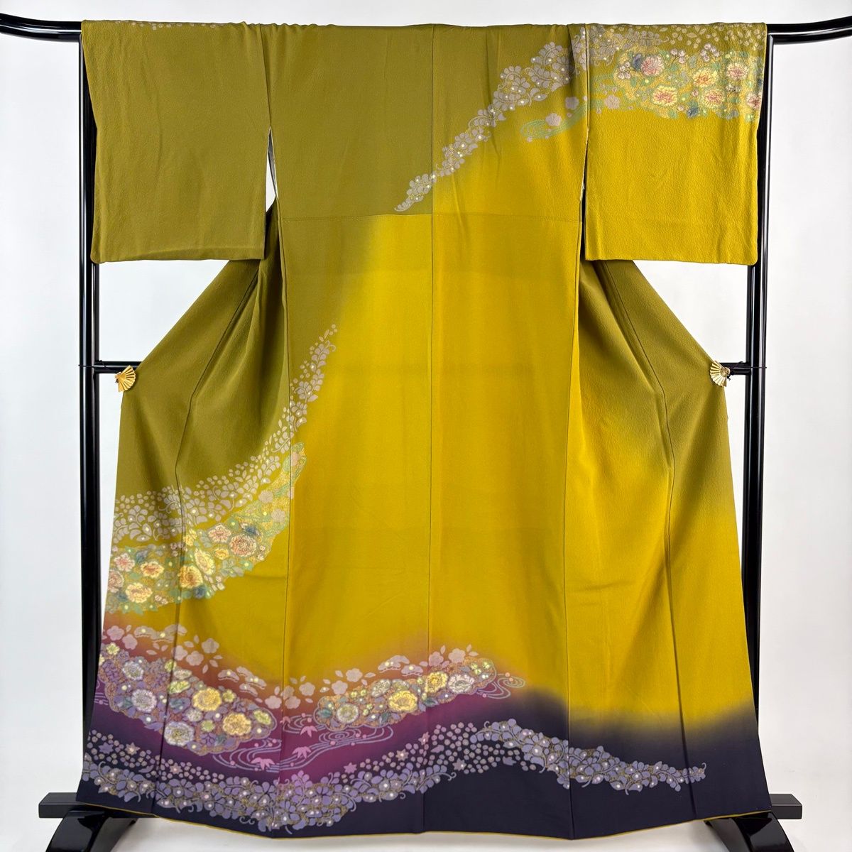 訪問着 身丈161 5 cm 裄丈68 L 袷 辻が花柄 流水 金彩 ぼかし 鶯色 正絹