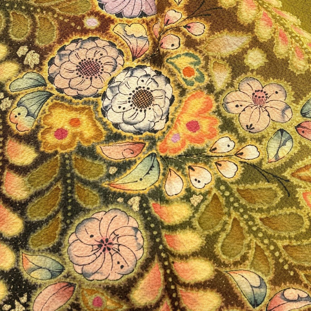  訪問着 身丈159 cm 裄丈66.5 M 袷 翠山工房 やまと 落款 辻が花 金彩 ぼかし 鶯色 正絹 訪問着 付け下げ 着物