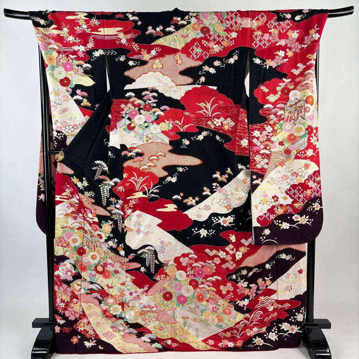 振袖 身丈173 cm 裄丈71.5 L 袷 御所車 草花 金糸 金彩 黒 正絹 名品