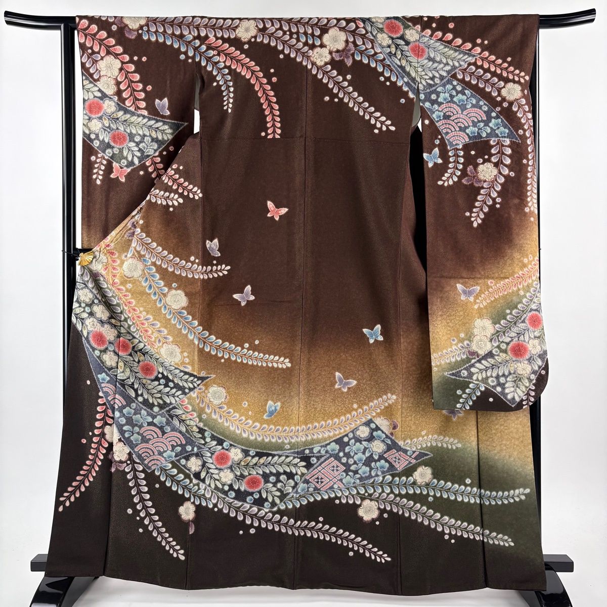 振袖 身丈165.5 cm 裄丈64 M 袷 辻が花柄 金通し ぼかし 焦茶色 正絹