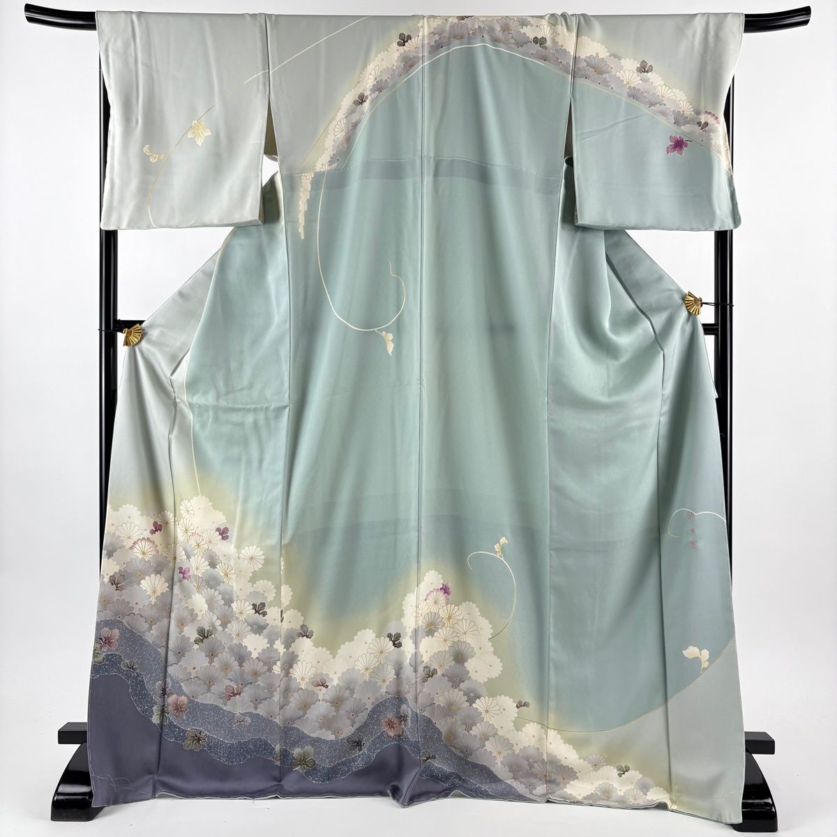 訪問着 身丈172 5 cm 裄丈69 L 袷 帝王紫 落款 菊 霞 金糸 金彩 青灰色 正絹