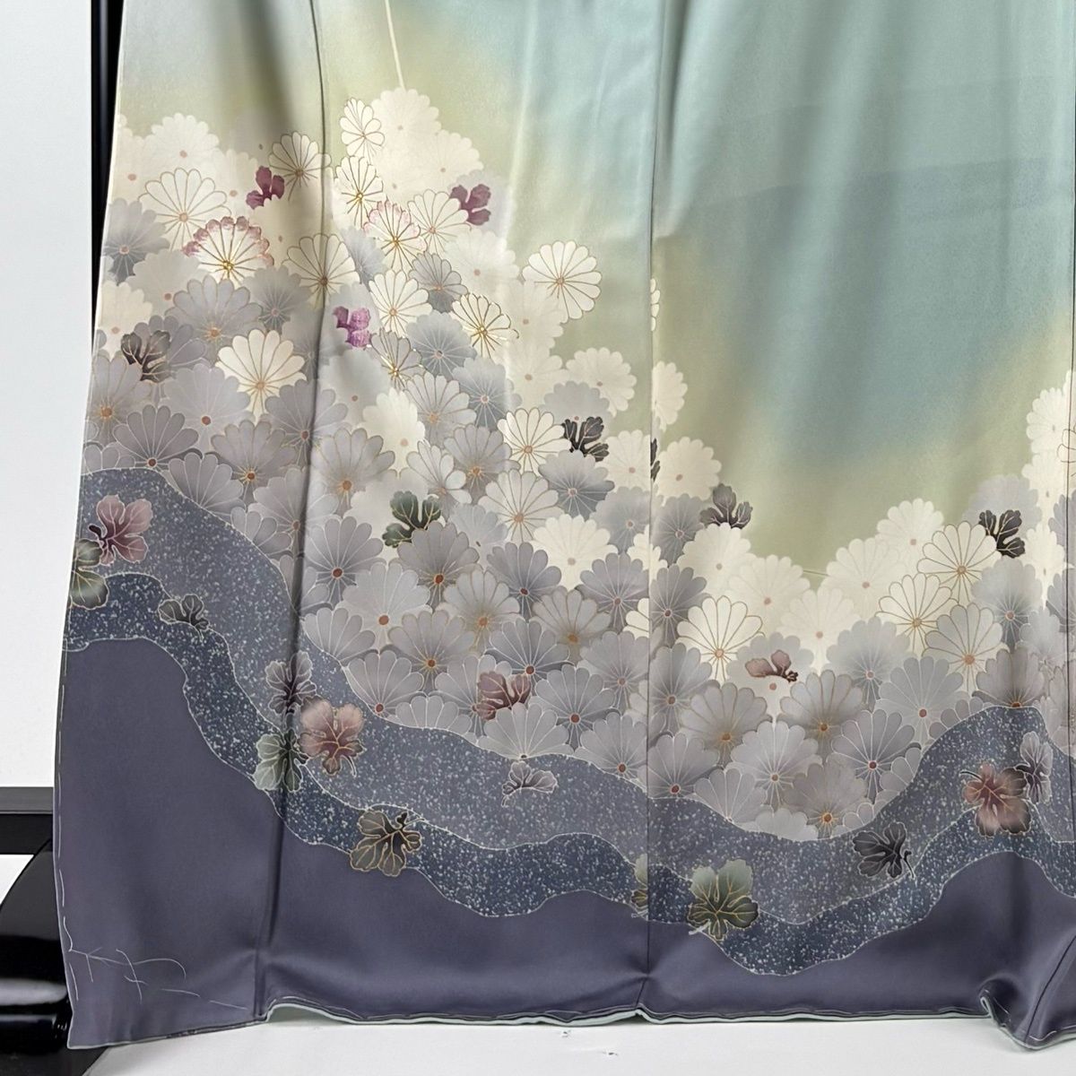 訪問着 身丈172.5 cm 裄丈69.5 L 袷 帝王紫 落款 菊 霞 金糸 金彩 青灰色 正絹