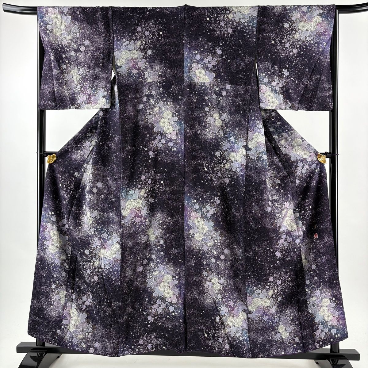 小紋 身丈158 cm 裄丈65.5 M 袷 吉乃一廉 落款 辻が花 銀通し 金彩 濃紫 正絹