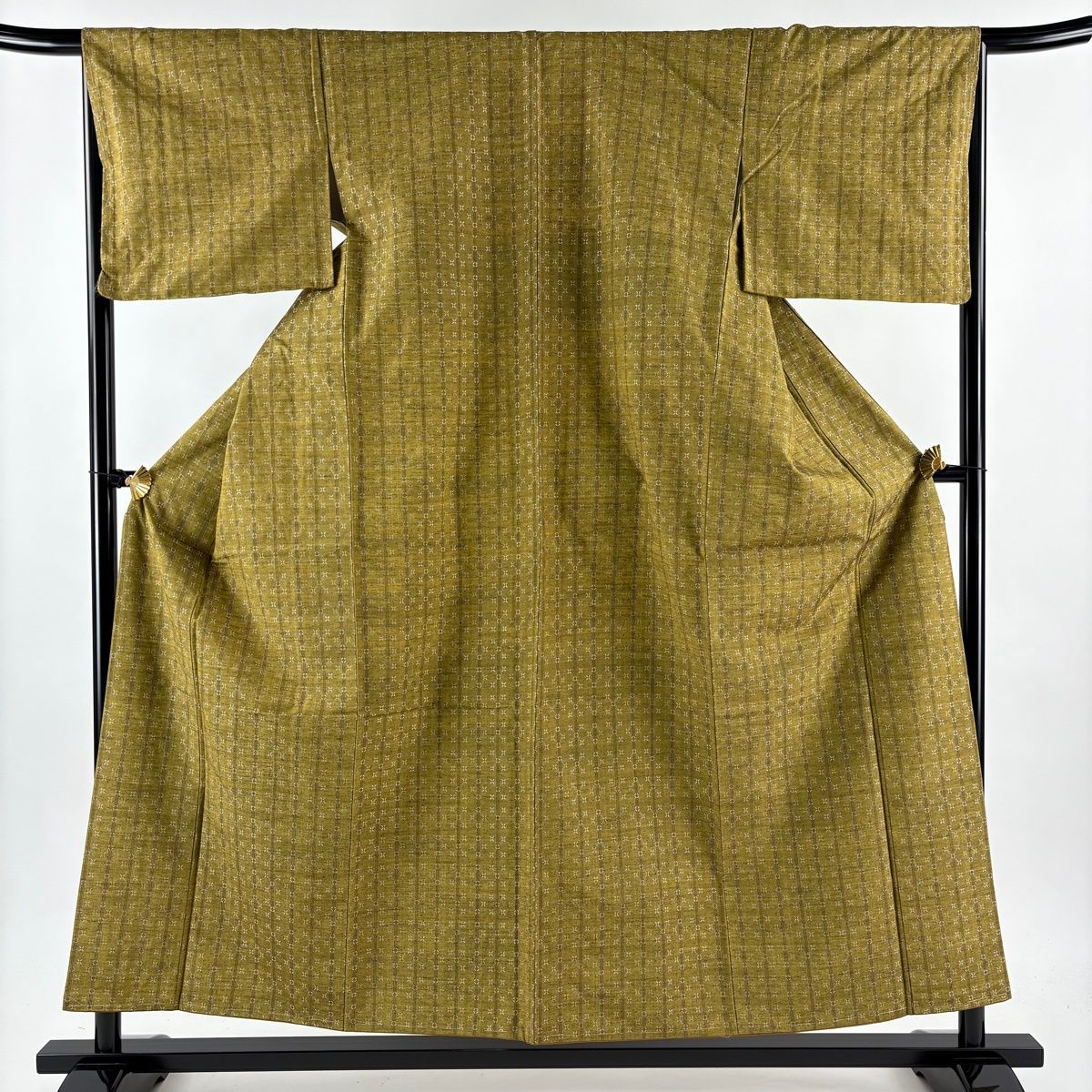 小紋 身丈155 5 cm 裄丈66 M 袷 花織 紬地 ますいわ屋 縦縞 幾何学 茶緑色 正絹